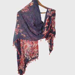 NWT Vera Neumann Floral Pom Pom Trim Large Scarf Swim Cover Up